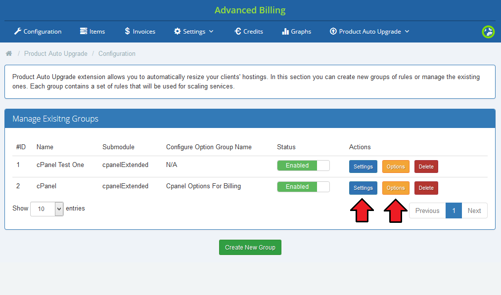 Advanced Billing 3.X For WHMCS: Manage Existing Groups table with arrows on the Settings and Options buttons