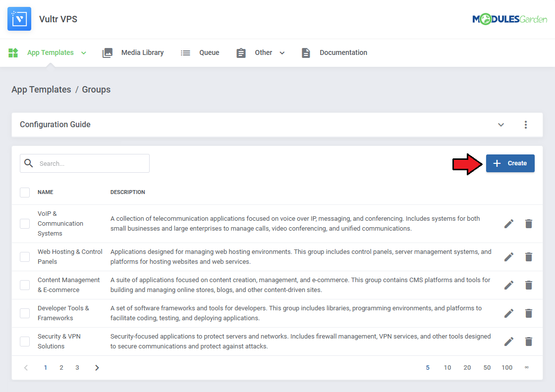 Vultr VPS For WHMCS: Groups page with the list of application groups and the Create button