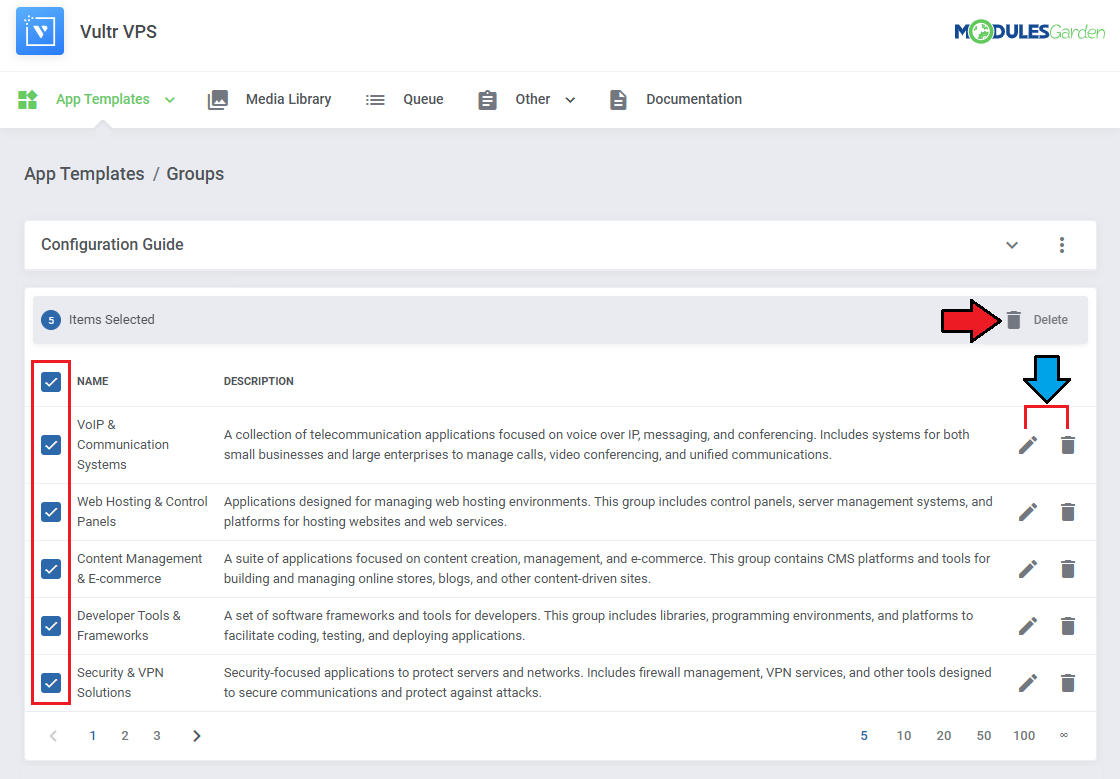 Vultr VPS For WHMCS: Groups list with all rows selected, the mass Delete button and the edit and delete icons