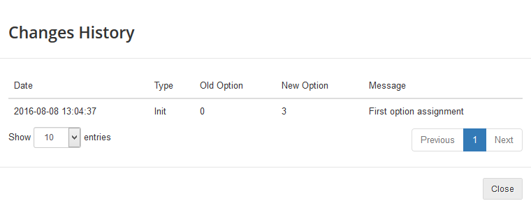 Advanced Billing 3.X For WHMCS: Changes History dialog listing the first option assignment for a hosting