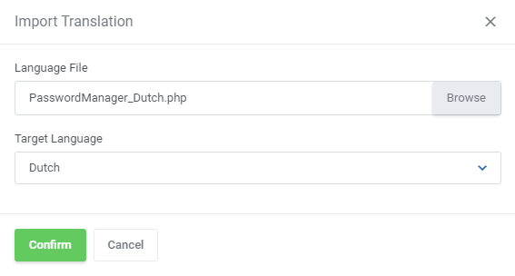 Translations Tool: Import Translation modal with the language file field and the Target Language dropdown