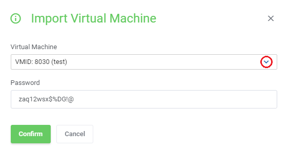Proxmox VE Cloud VPS For WHMCS: Import Virtual Machine dialog with a virtual machine dropdown, password field and