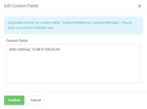 Proxmox VE Cloud VPS For WHMCS: Edit Custom Fields dialog with a MAC Address custom field entered for an IP address
