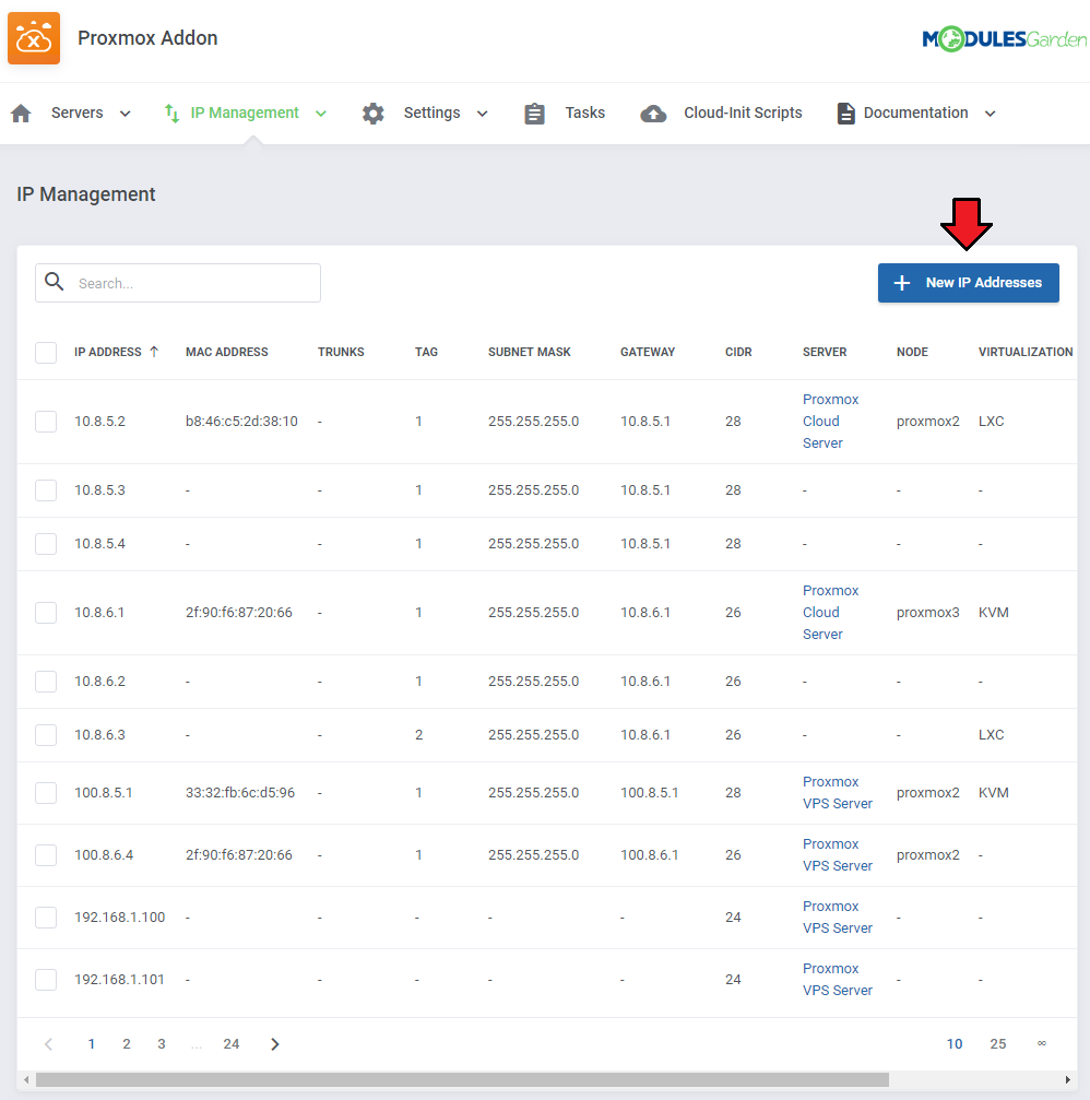 Proxmox VPS 2.X For WHMCS: Proxmox Addon IP Management page with the IP address list and the New IP Addresses button