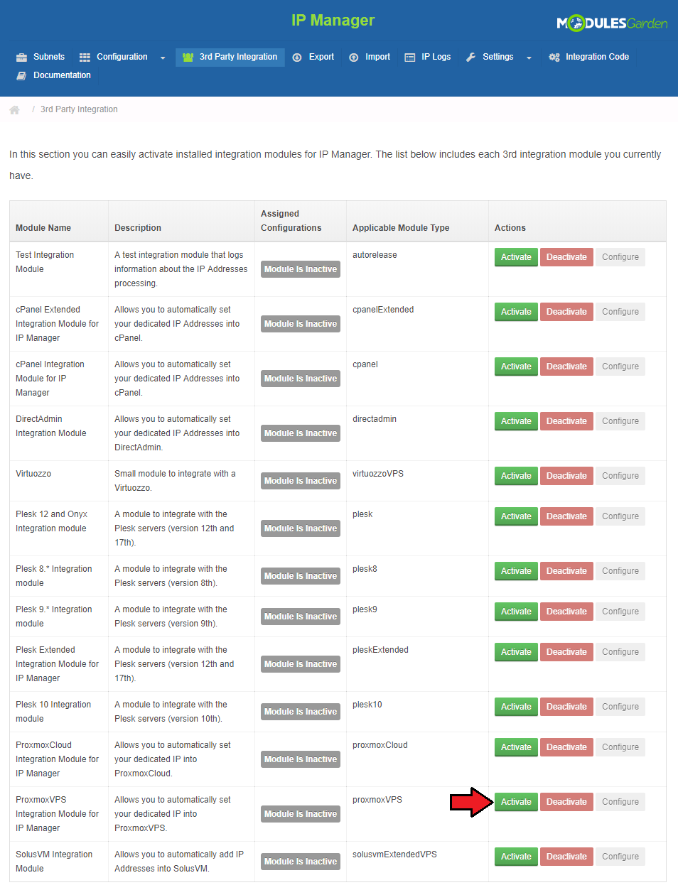 Proxmox VPS 2.X For WHMCS: IP Manager 3rd Party Integration list with the Activate button next to proxmoxVPS highlighted