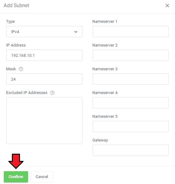 DNS Manager For WHMCS: IP Manager 3 Add Subnet dialog with an IPv4 type, IP address and mask and the Confirm button