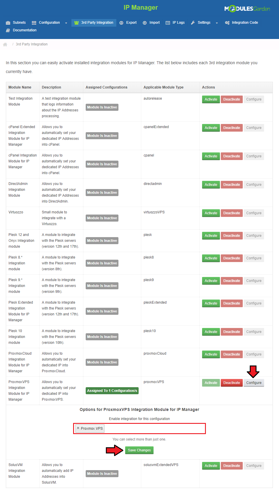 Proxmox VPS 2.X For WHMCS: IP Manager 3rd Party Integration with Proxmox VPS configuration selected and Save Changes
