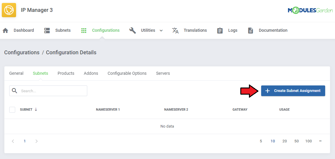 DNS Manager For WHMCS: IP Manager 3 configuration details, Subnets tab, with an arrow on Create Subnet Assignment