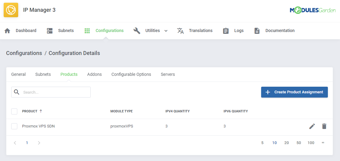 Proxmox VE Cloud VPS For WHMCS: IP Manager 3 configuration details Products tab with a Proxmox VPS product assignment