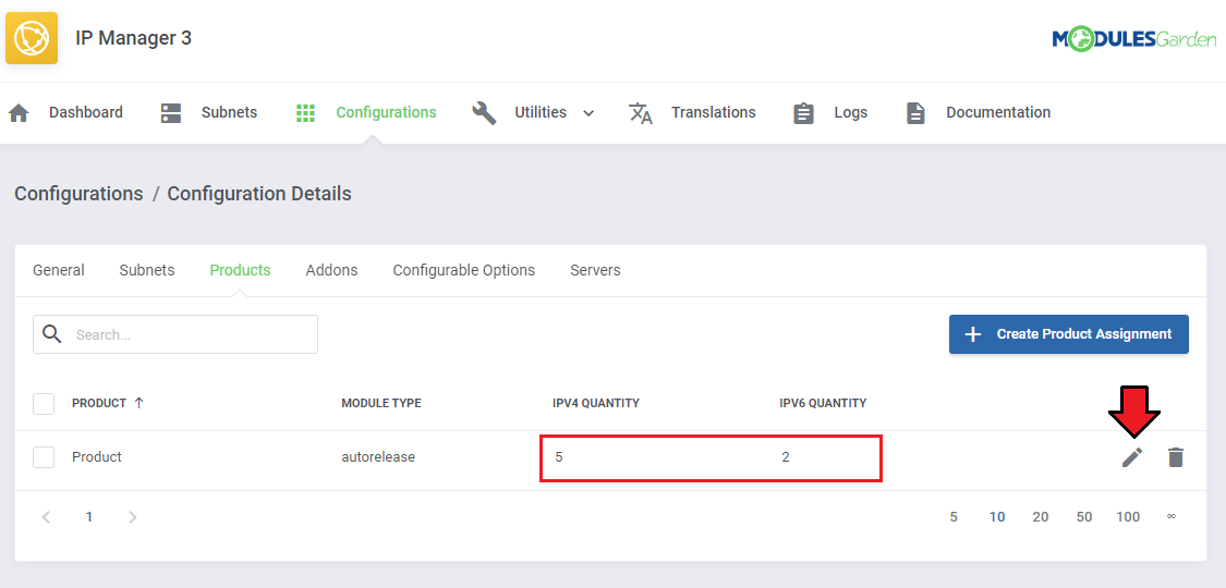 DNS Manager For WHMCS: IP Manager 3 configuration details, Products tab, with IPv4 and IPv6 quantities and an edit
