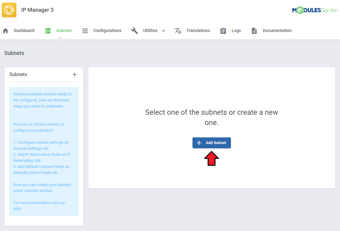 DNS Manager For WHMCS: IP Manager 3 Subnets page with an arrow on the Add Subnet button