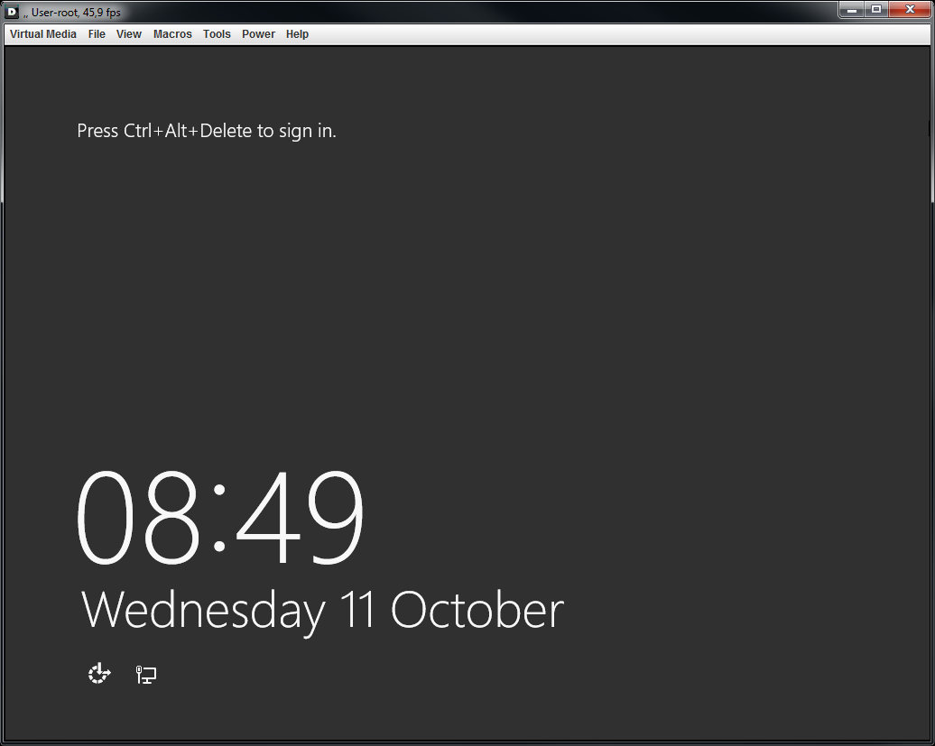 EasyDCIM Dedicated Servers For WHMCS: KVM console window with the Windows sign-in screen and Virtual Media menu