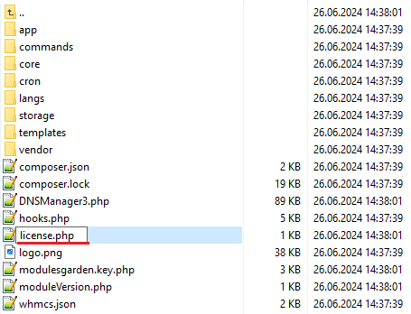 DNS Manager For WHMCS: module license folder with the license.php file renamed from RENAME.php