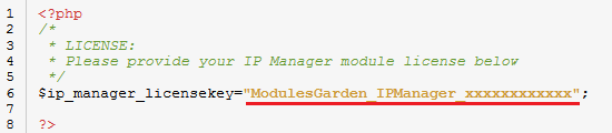 IP Manager For WHMCS: license.php file open in an editor with the license key entered between quotation marks