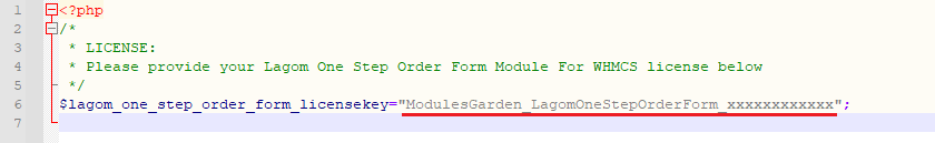 Lagom One Step Order Form For WHMCS 1.2.X: license.php open in an editor with the license key in quotation marks