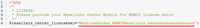 Resellers Center 2.X For WHMCS: license.php file in a text editor with the license key entered between quotation marks