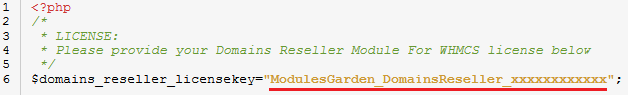 Domains Reseller 1 X For WHMCS: license.php file open in an editor with the license key entered between quotation marks