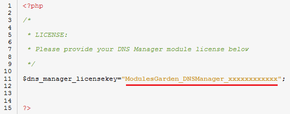 DNS Manager For WHMCS: license.php file open in an editor with the license key entered in quotation marks
