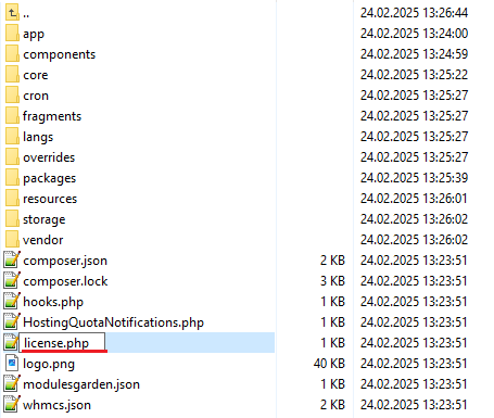 Hosting Quota Notifications 1.X For WHMCS: file manager listing of the module folder with the license.php file
