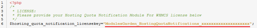 Hosting Quota Notifications 1.X For WHMCS: license.php file in an editor with the license key in quotation marks