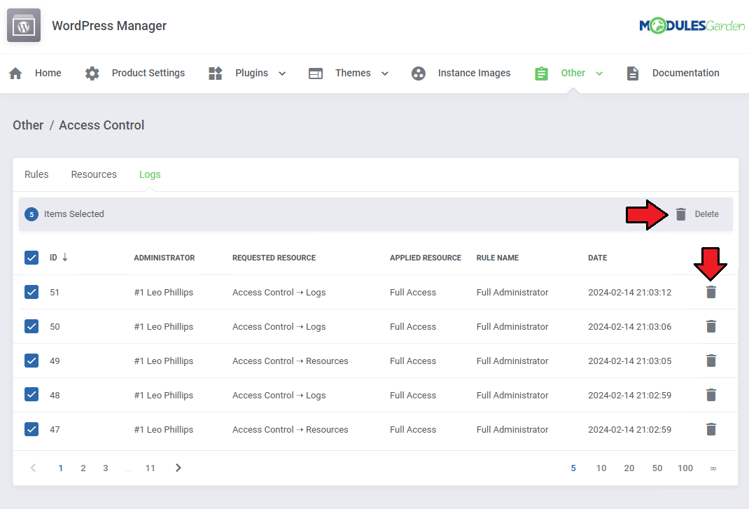Access Control Tool: Logs tab with selected entries and the trash bin delete icons