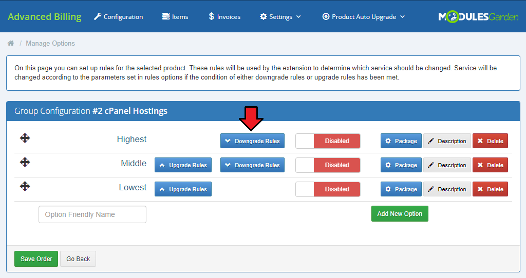 Advanced Billing 3.X For WHMCS: Manage Options page with an arrow on the Downgrade Rules button of the Highest option