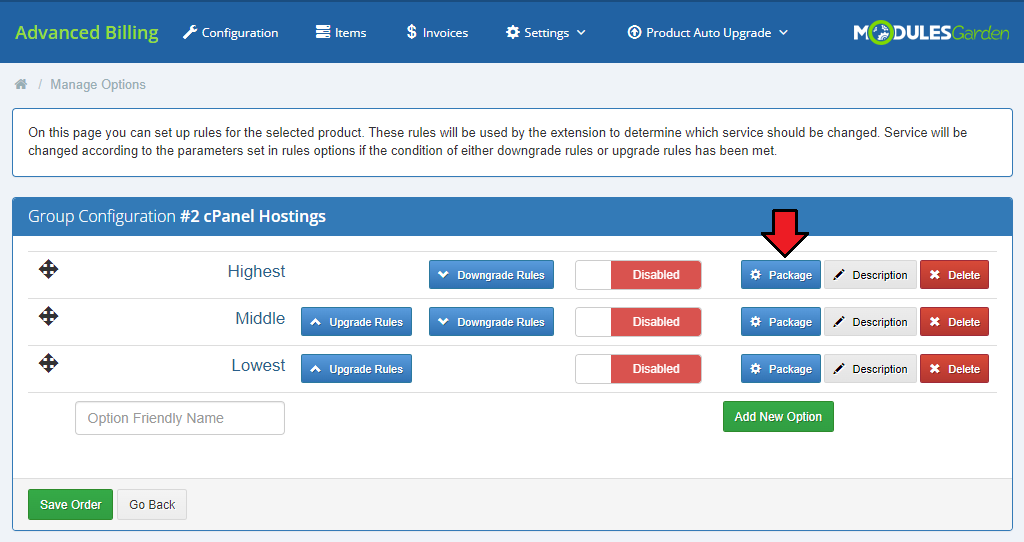 Advanced Billing 3.X For WHMCS: Product Auto Upgrade Manage Options page with Package button for each option