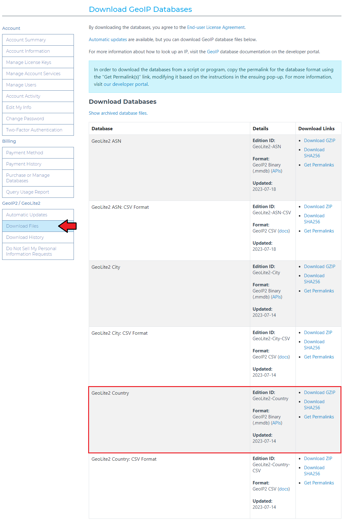 Lagom One Step Order Form For WHMCS 1.2.X: MaxMind Download GeoIP Databases page with GeoLite2 Country row highlighted