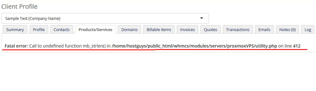 Proxmox VPS 2.X For WHMCS: WHMCS admin client profile showing a fatal error about the undefined mb_strlen function