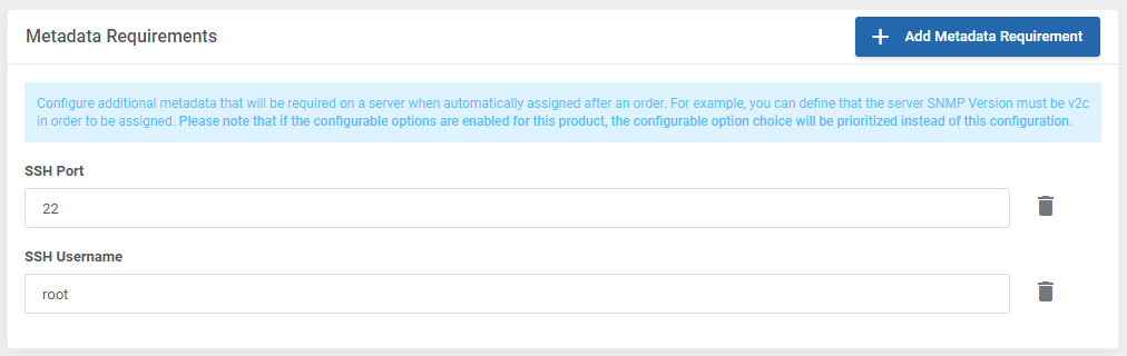 EasyDCIM Dedicated Servers For WHMCS: Metadata Requirements section with SSH Port and SSH Username values
