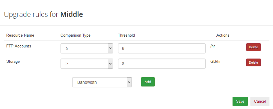 Advanced Billing 3.X For WHMCS: Upgrade rules dialog for Middle with FTP Accounts and Storage rules set to greater or