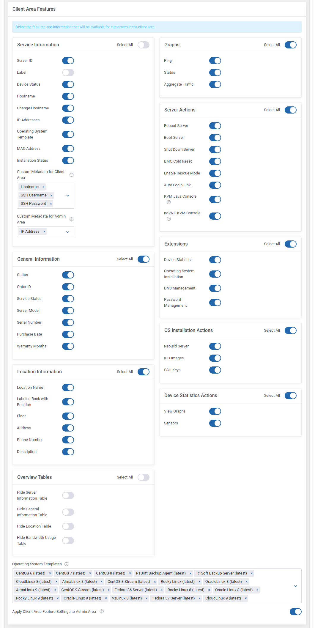 EasyDCIM Dedicated Servers For WHMCS: Module Settings Client Area Features with service, graphs and extensions switches