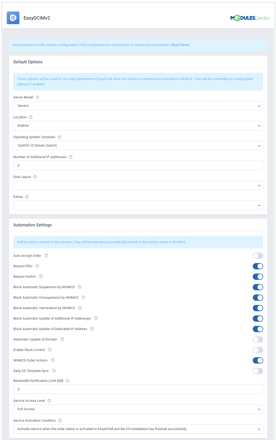 EasyDCIM Dedicated Servers For WHMCS: Module Settings default options and automation settings of the EasyDCIMv2 module
