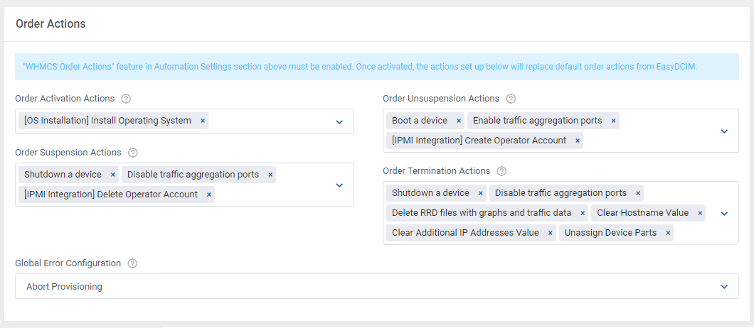 EasyDCIM Dedicated Servers For WHMCS: Module Settings Order Actions with activation, suspension and termination actions