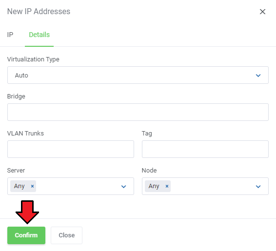 Proxmox VE Cloud VPS For WHMCS: New IP Addresses dialog on the Details tab with virtualization type, bridge, server and