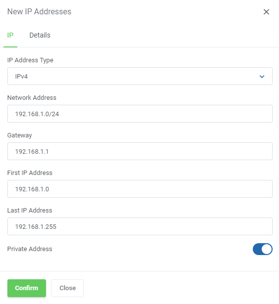 Proxmox VE Cloud VPS For WHMCS: Proxmox Addon New IP Addresses dialog with IPv4 network, gateway and IP range