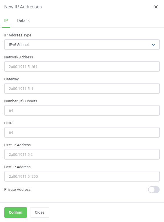 Proxmox VE Cloud VPS For WHMCS: the New IP Addresses dialog on the IP tab with IPv6 subnet fields