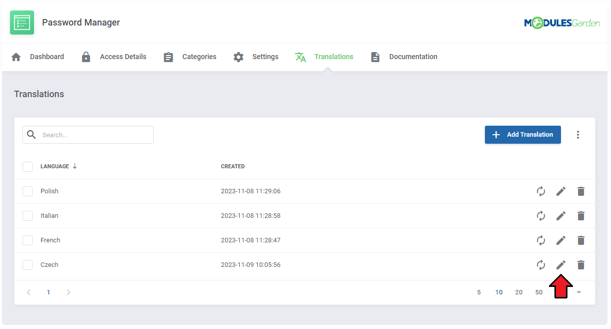 Translations Tool: language list with the new Czech translation and the Edit pencil icon highlighted