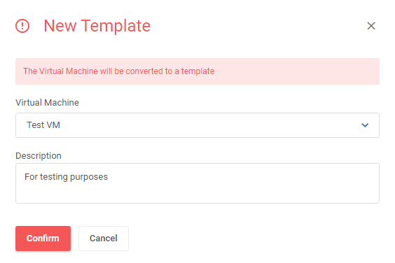 Proxmox VE Cloud VPS For WHMCS: New Template dialog with a virtual machine dropdown, description field and Confirm