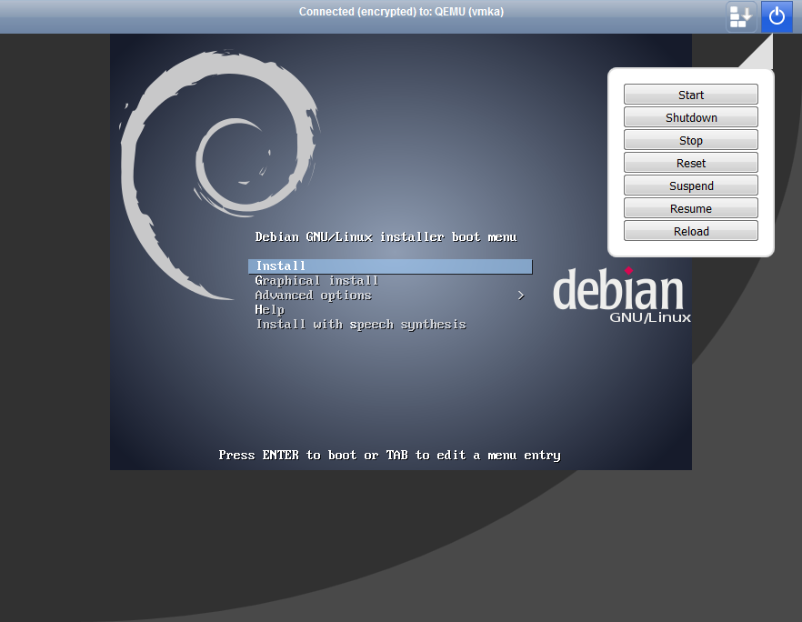 Proxmox VE Cloud VPS For WHMCS: noVNC console in the client area showing the Debian installer with the power menu open