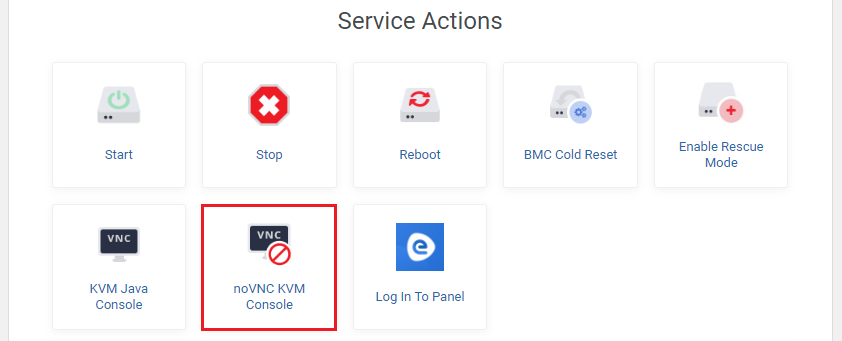EasyDCIM Dedicated Servers For WHMCS: Service Actions in the client area with the noVNC KVM Console button highlighted