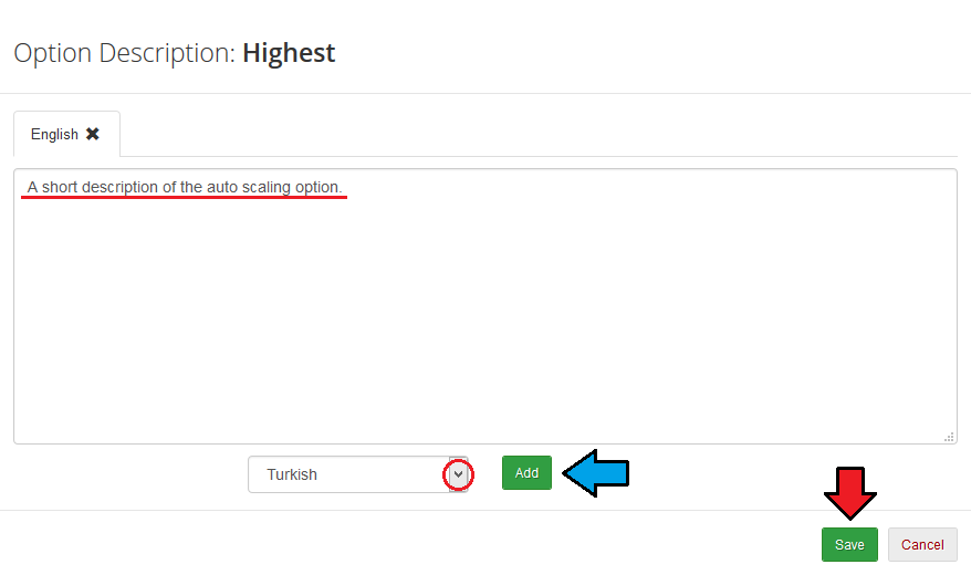 Advanced Billing 3.X For WHMCS: Option Description dialog with English text and language dropdown to add translations