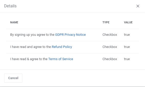 Lagom One Step Order Form For WHMCS 1.2.X: Details window listing checkbox order fields with their values