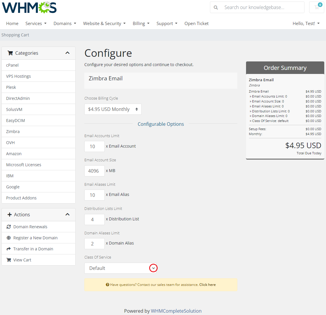 Zimbra Email For WHMCS: admin client product page with numbered limits, module commands and webmail login