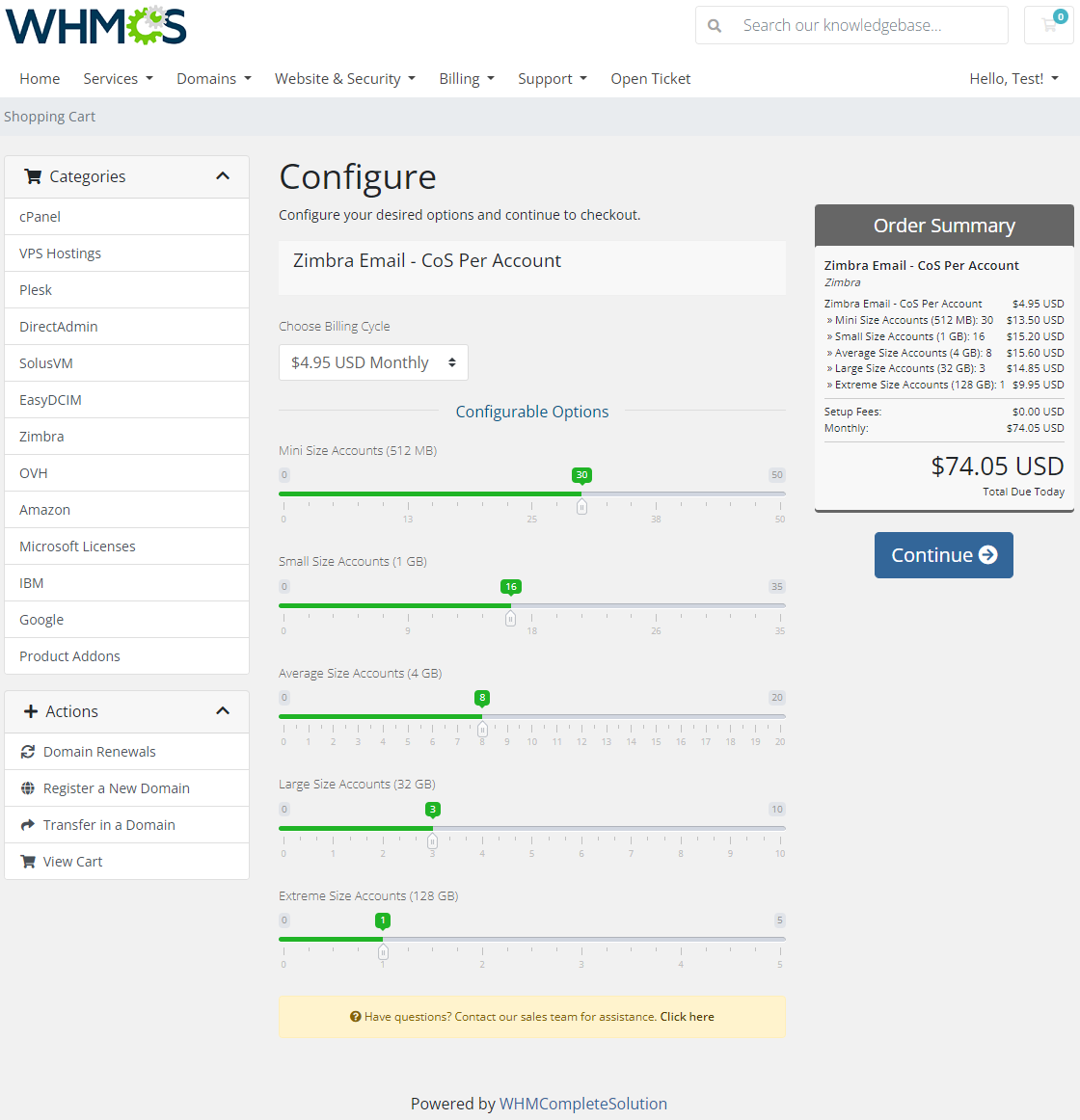 Zimbra Email For WHMCS: WHMCS order page with sliders for account quotas per class of service and order summary