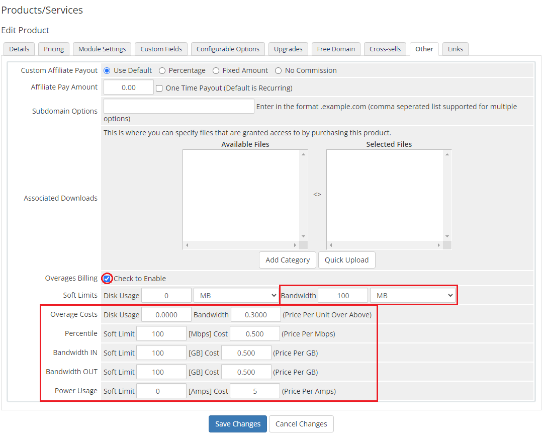 EasyDCIM Dedicated Servers For WHMCS: product Other tab with Overages Billing enabled, soft limits and overage costs