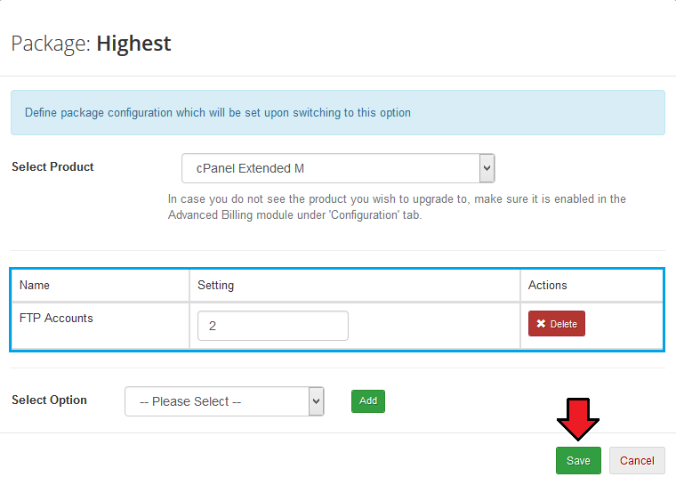 Advanced Billing 3.X For WHMCS: Package dialog with FTP Accounts setting added to the selected product