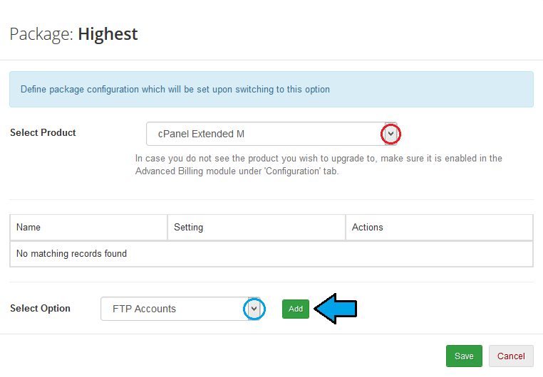 Advanced Billing 3.X For WHMCS: Package dialog for Highest with product selection and Add option dropdown