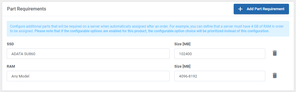 EasyDCIM Dedicated Servers For WHMCS: Part Requirements section with SSD and RAM models and size values