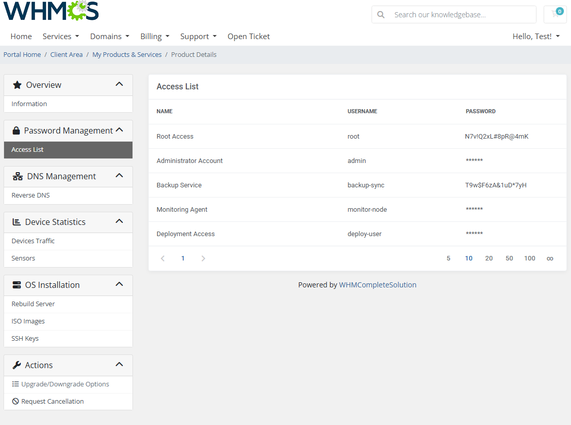 EasyDCIM Dedicated Servers For WHMCS: client area Password Management access list with names and hidden passwords